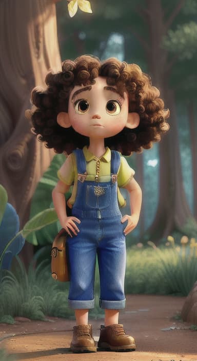  {The tree shining brightly and releasing a gentle, magical light., Riley, a curious with big brown eyes and curly hair, wearing overalls and carrying a small backpack. Their friend, Skye, a bluebird with shiny feathers.