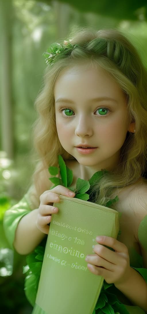  A delicate little girl with a radiant complexion and sparkling green eyes gazes serenely at a lush, floral backdrop of emerald leaves and blooming flowers. The soft hues of green and pink create a dreamy, whimsical atmosphere, evoking a sense of innocence and enchantment. The girl's hair is a cascade of golden curls, framing her face in a halo of light. Her dress is a flowing, green gown that blends seamlessly with the verdant surroundings, as if she is a part of the natural world. The scene is bathed in a gentle, diffused light, casting a soft, ethereal glow that enhances the beauty and serenity of the moment.
