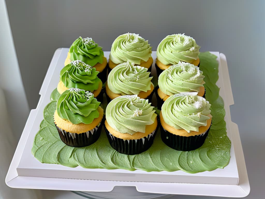  An image of a beautifully decorated platter of light and fluffy cupcakes, each topped with delicate swirls of pastelcolored frosting and a sprinkle of edible glitter. The cupcakes are arranged in a circular pattern on a crisp white serving tray, with fresh berries and mint leaves scattered around them, adding a pop of color and freshness to the scene. The soft natural light filtering in through a nearby window highlights the intricate details of the cupcakes, making them look almost too pretty to eat. hyperrealistic, full body, detailed clothing, highly detailed, cinematic lighting, stunningly beautiful, intricate, sharp focus, f/1. 8, 85mm, (centered image composition), (professionally color graded), ((bright soft diffused light)), volumetric fog, trending on instagram, trending on tumblr, HDR 4K, 8K