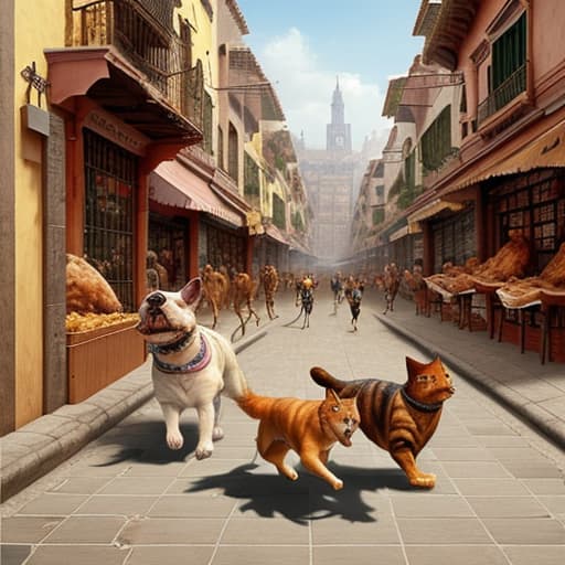  A dog and a cat running with a roast chicken in their mouths along a boulevard of merchants, curious details in the image,realistic visión