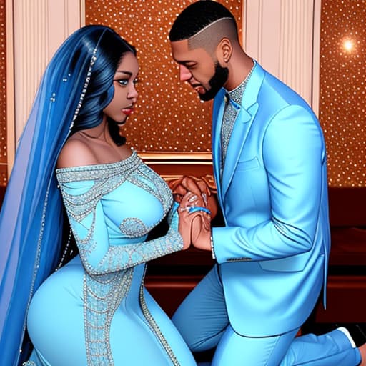  Very Tall light skinned man kneeling on one knee to propose with blue diamond ring to fat size beautiful dark skinned lady with big eyes it’s the man kneeling