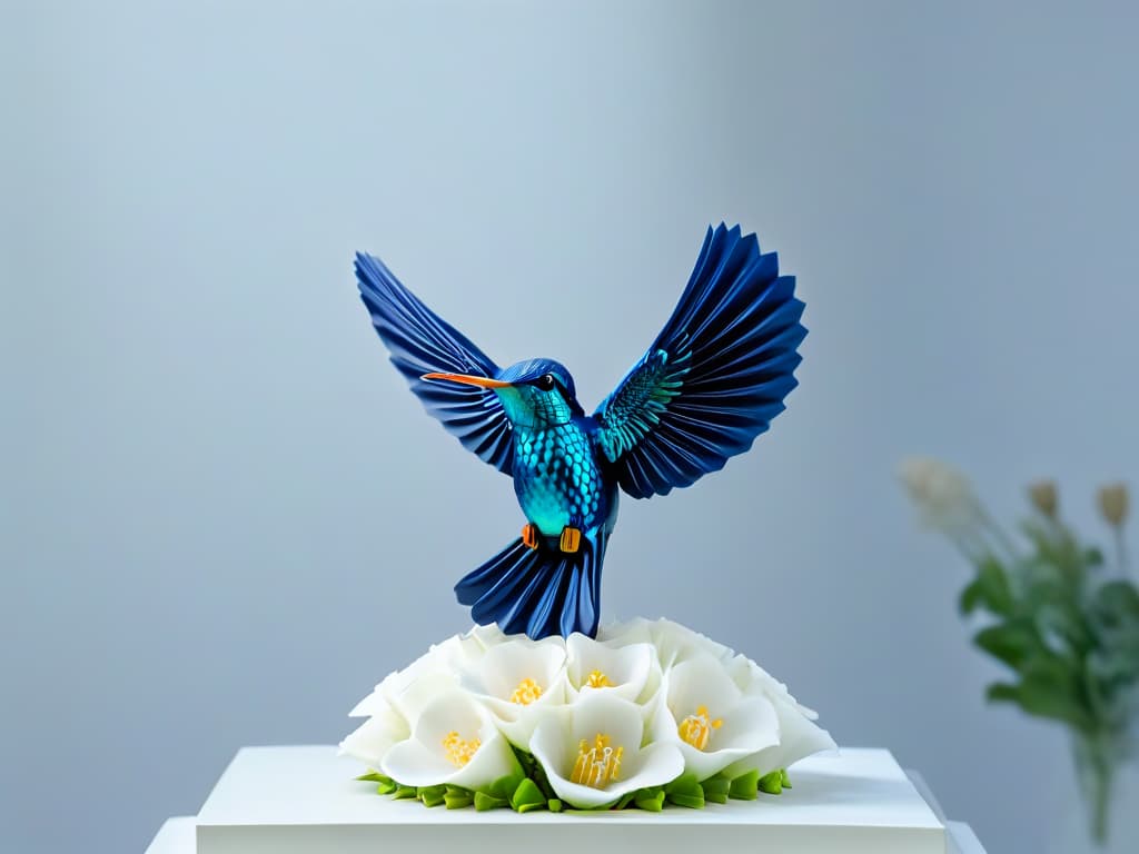  A minimalist and professional image of a delicate sugar sculpture of a hummingbird perched on a blooming flower, crafted from ecofriendly alternative materials such as biodegradable sugarbased polymers. The sculpture is intricately detailed, showcasing the sustainable and innovative approach to traditional sugar artistry. The background is soft and blurred to keep the focus on the exquisite details of the sculpture, emphasizing its ecofriendly and inspiring nature. hyperrealistic, full body, detailed clothing, highly detailed, cinematic lighting, stunningly beautiful, intricate, sharp focus, f/1. 8, 85mm, (centered image composition), (professionally color graded), ((bright soft diffused light)), volumetric fog, trending on instagram, trending on tumblr, HDR 4K, 8K