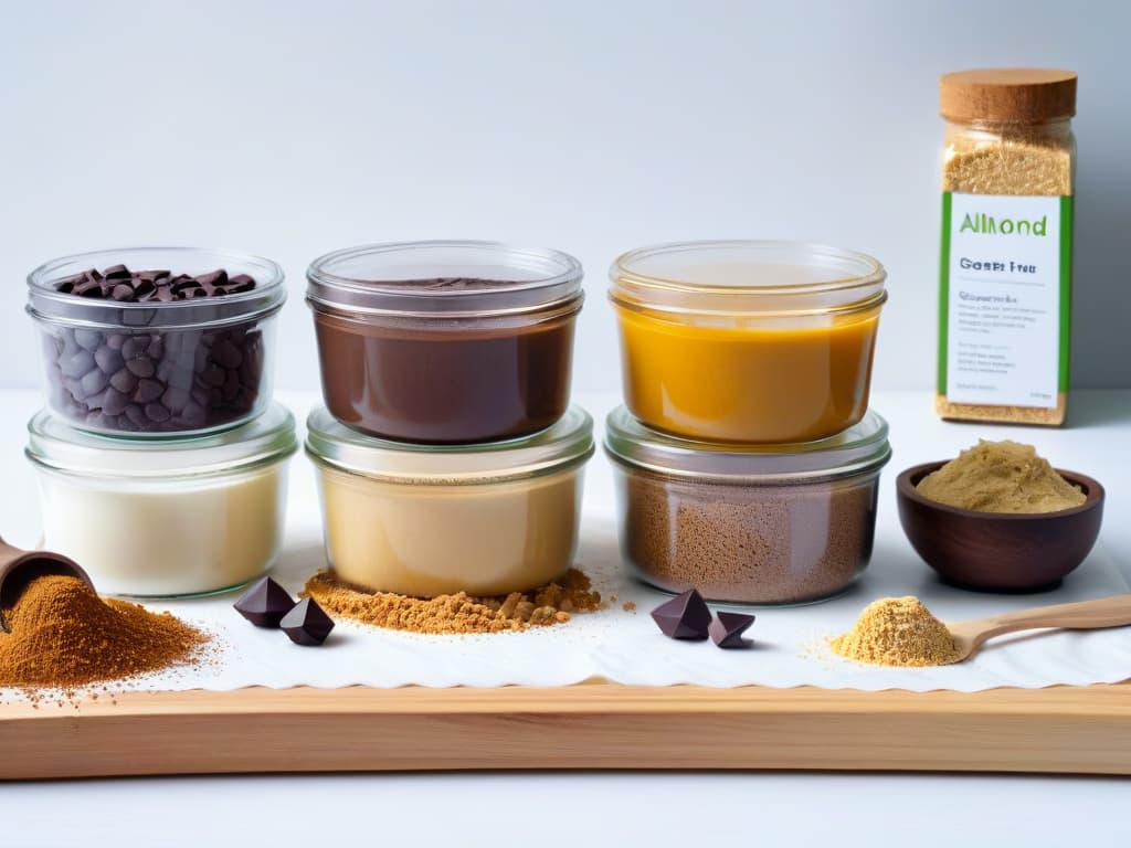  A highresolution image of a minimalist kitchen countertop with carefully arranged key ingredients for diabeticfriendly baking: almond flour, coconut flour, erythritol sweetener, unsweetened applesauce, and dark chocolate chips. Each ingredient is neatly displayed in modern, sleek containers with sleek labels, emphasizing a clean and organized look. The soft natural light enhances the presentation, casting gentle shadows that add depth to the scene. hyperrealistic, full body, detailed clothing, highly detailed, cinematic lighting, stunningly beautiful, intricate, sharp focus, f/1. 8, 85mm, (centered image composition), (professionally color graded), ((bright soft diffused light)), volumetric fog, trending on instagram, trending on tumblr, HDR 4K, 8K