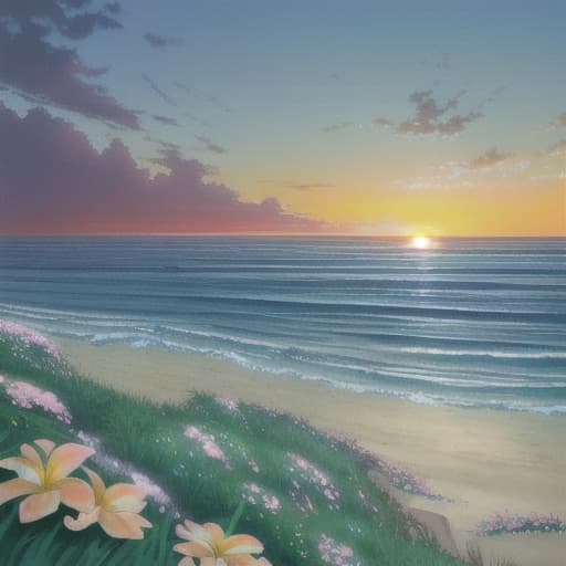  Makoto Shinkai style. seascape. the waves. sandy beach. clouds. grass. sunset. flowers. over-detailed clouds and glass and flowers