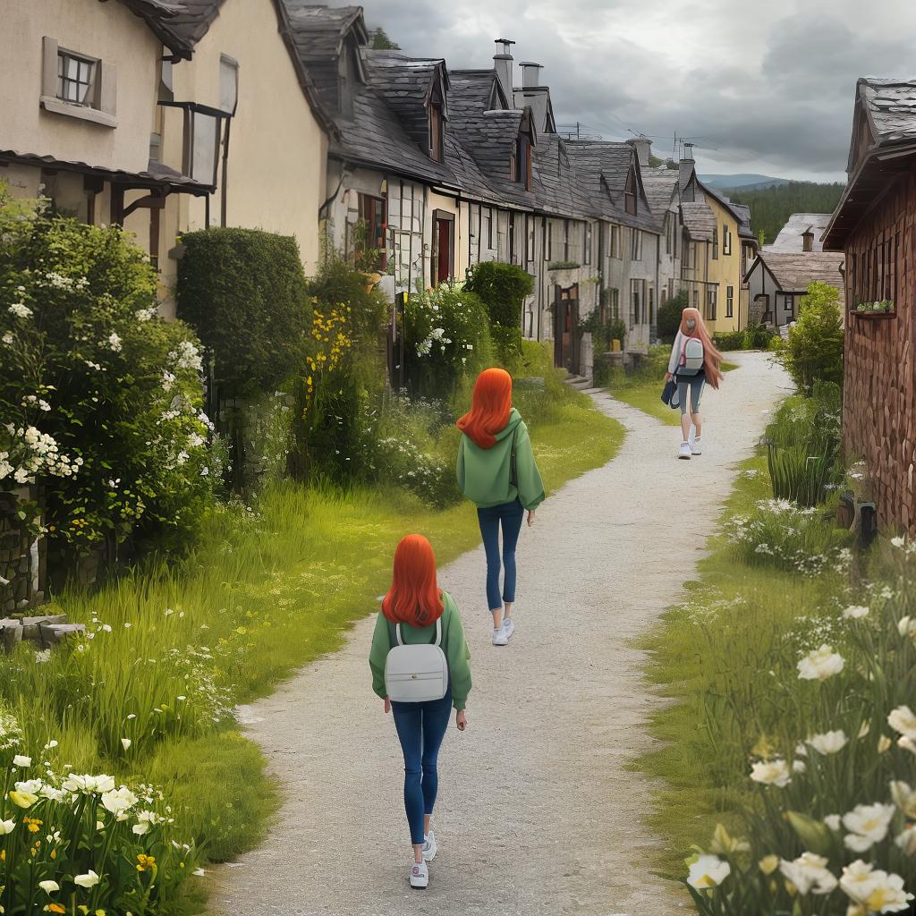  masterpiece, best quality, A photographic representation of a thin lady with long red-blonde hair walking towards a cozy little house in a village. She walks away from the photographer. It is spring. She is wearing jeans and a green hoodie. White sneakers and backpack. The sun is shining, but big dark clouds threaten.