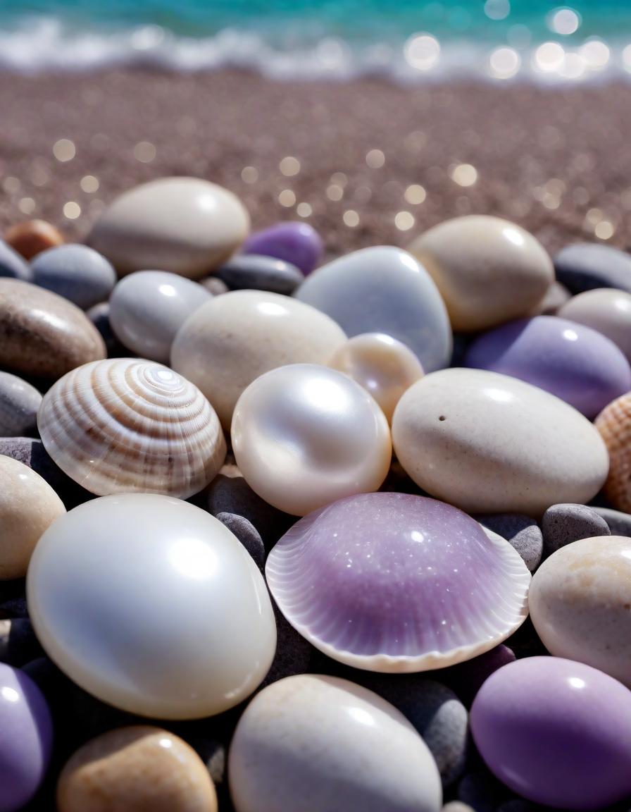  cinematic still Has a beautiful background of sea pebbles of different sizes in a delicate lilac scale, a shell in the center with a delicate pearl, Sparkling with a mother of pearl luster, a bokeh background. emotional, harmonious, vignette, highly detailed, high budget, bokeh, cinemascope, moody, epic, gorgeous, film grain, grainy