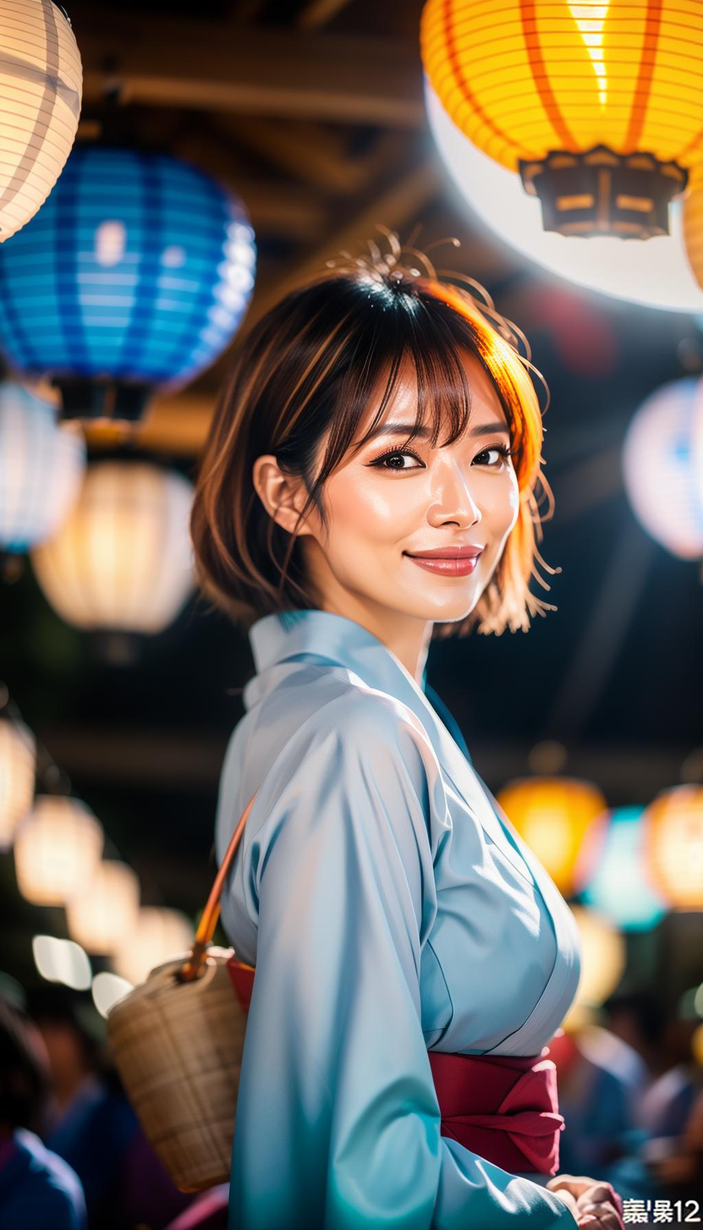  A photorealistic image of a beautiful slim young Japanese woman, with medium length beige hair with bangs. She is smiling in front of the lanterns at a summer festival, wearing a light blue kimono. hyperrealistic, full body, detailed clothing, highly detailed, cinematic lighting, stunningly beautiful, intricate, sharp focus, f/1. 8, 85mm, (centered image composition), (professionally color graded), ((bright soft diffused light)), volumetric fog, trending on instagram, trending on tumblr, HDR 4K, 8K