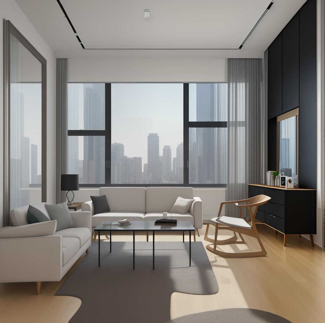  masterpiece, best quality, best quality, masterpiece, 8k resolution, high resolution apartment Living room concept art with floor to ceiling windows and modern furniture