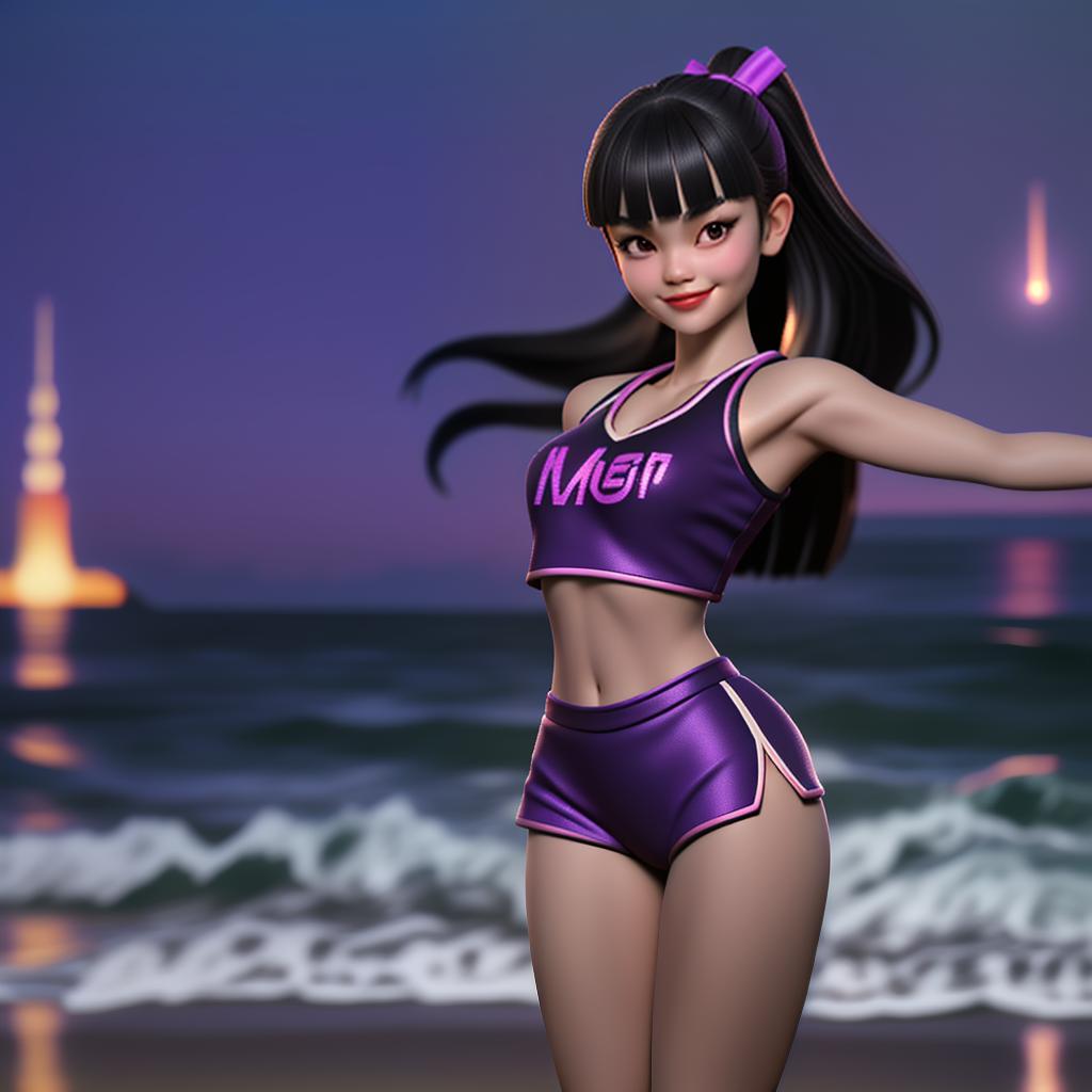  (full-body photo), a Thai woman wearing a cheerleader outfit standing on the beach party, black long blunt bangs, smile, lipstick, purple cheerleader outfit, beach, at night, ((finely detailed face)), professional photoshoot, muse, perfect anatomy, perfectly shapely body, detailed background, perfect body parts, perfect proportions, hyper-realism, professional compositions, perfect lighting, masterpiece, award winning, 8k, best quality, hyperrealistic