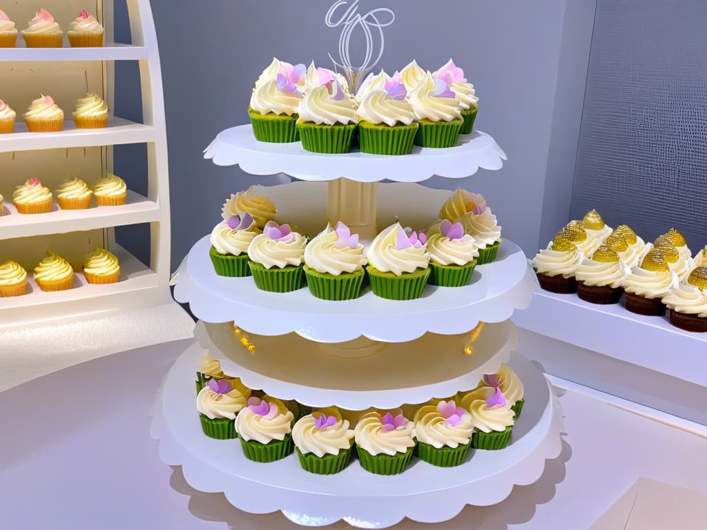  An elegant, minimalistic image showcasing a beautifully designed cupcake display with pastelcolored frosting and delicate fondant decorations. The cupcakes are artfully arranged on a sleek, white dessert table, with soft lighting that highlights their intricate details. The overall aesthetic is sophisticated and visually appealing, embodying the essence of thematic merchandising in the realm of pastry branding. hyperrealistic, full body, detailed clothing, highly detailed, cinematic lighting, stunningly beautiful, intricate, sharp focus, f/1. 8, 85mm, (centered image composition), (professionally color graded), ((bright soft diffused light)), volumetric fog, trending on instagram, trending on tumblr, HDR 4K, 8K