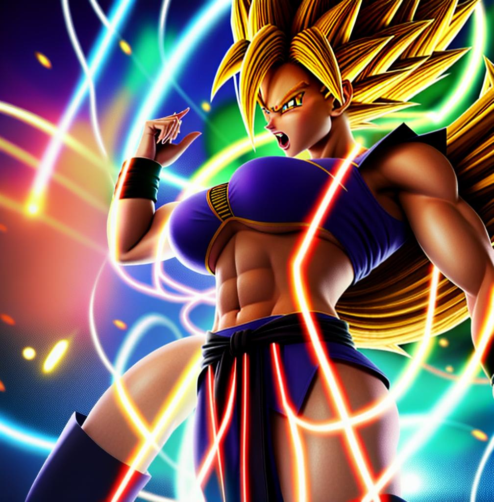  ((foto de cuerpo completo, pie plano, cuerpo recto)), ((laura {Super Super Saiyan mujer con grandes pechos})), ((lleva puesto son goku+Los disfraces de ella son extremadamente ajustados a su cuerpo.))