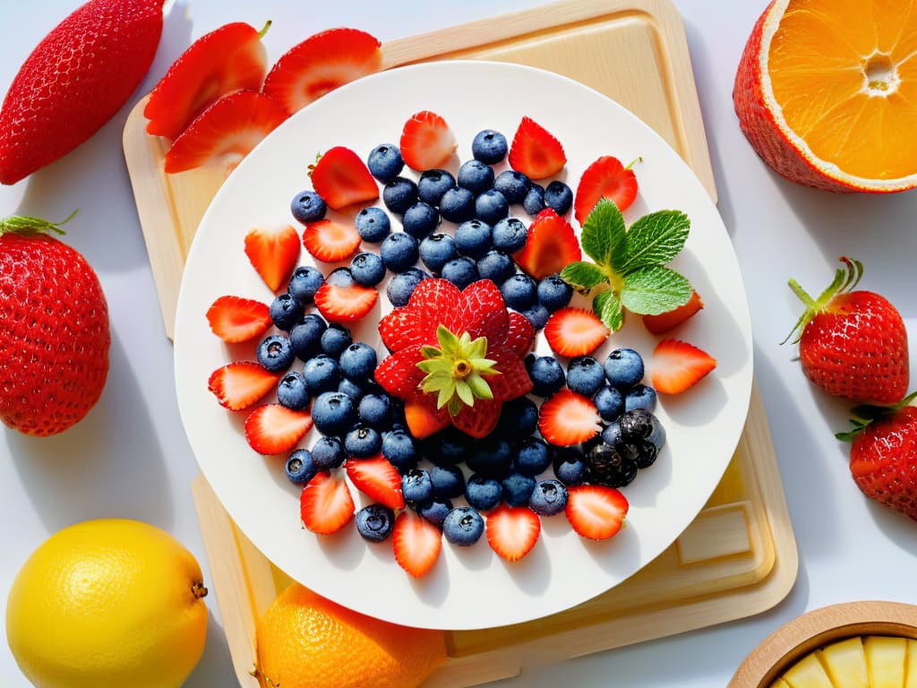  A closeup, ultradetailed image of a colorful array of fresh fruit slices neatly arranged in a circular pattern on a sleek, white marble cutting board. The vibrant fruits include juicy strawberries, ripe blueberries, tangy oranges, and golden pineapple chunks, all glistening with freshness under a soft, natural light. The focus is sharp, capturing the intricate details of each fruit's texture, seeds, and vibrant hues, creating a visually striking and appetizing composition that embodies the essence of healthy, sweet snacks. hyperrealistic, full body, detailed clothing, highly detailed, cinematic lighting, stunningly beautiful, intricate, sharp focus, f/1. 8, 85mm, (centered image composition), (professionally color graded), ((bright soft diffused light)), volumetric fog, trending on instagram, trending on tumblr, HDR 4K, 8K