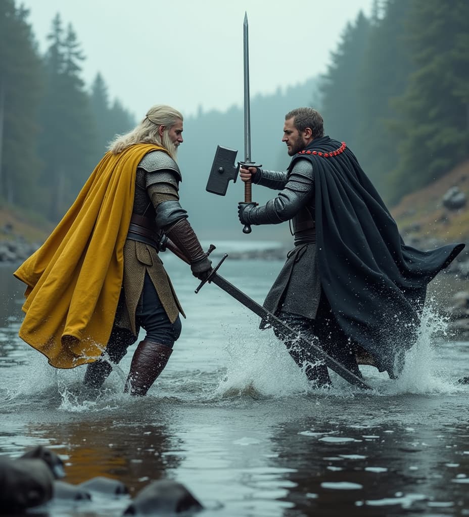  good quality, high quality, create an image of rhaegar targaryen fighting robert baratheon over the trident river, with robert wielding a two handed warhammer with blsck yellow armor. rhaegar holding sword, black armor with red rubbies on it. no dragons in sight.