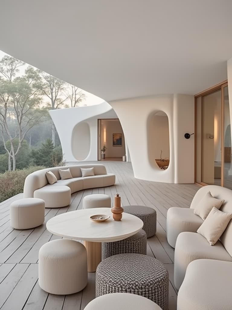  this editorial photography showcases a raised deck extending from a house, emphasizing modern, minimalist designs with rounded and organic shapes. the scene includes architecture with smooth, flowing forms such as rounded walls and curved facades, along with organically shaped windows. the furniture, featuring a classic houndstooth pattern, includes round tables and curved sofas that complement the organic architecture. the soft, natural lighting highlights the textures and curves, enhancing the visual impact of the foma fomapan film grain used.