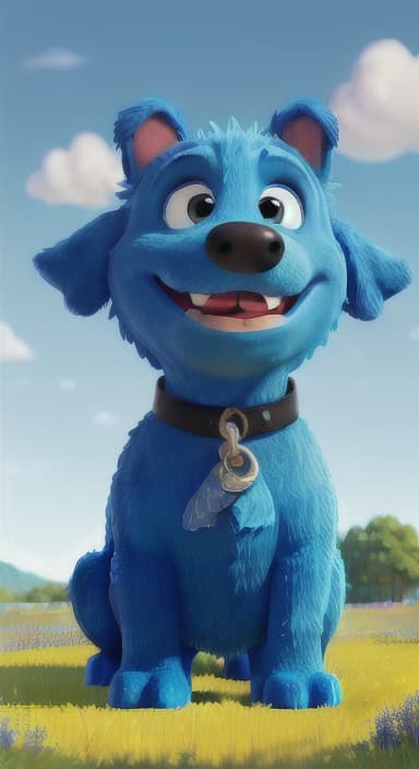  {A happy, big blue dog wagging its tail in a colorful meadow, The big blue dog is large with sky blue fur, big round eyes, a black nose, and floppy ears.