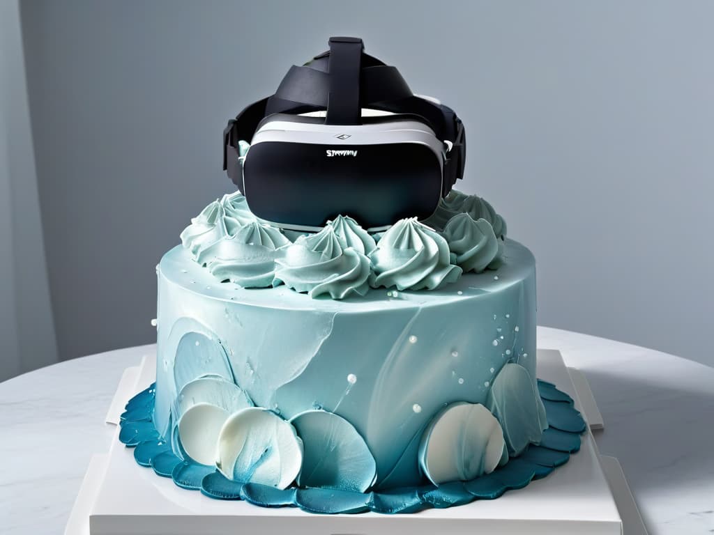  A vibrant, ultradetailed 8k image of a sleek, modern virtual reality headset placed delicately on a pristine white marble countertop. The headset is casting a soft, ethereal glow, with intricate digital frosting designs hovering above it, showcasing a perfect blend of traditional and cuttingedge techniques. The scene is devoid of any distractions, focusing solely on the elegance and innovation of the virtual cake decorating experience. hyperrealistic, full body, detailed clothing, highly detailed, cinematic lighting, stunningly beautiful, intricate, sharp focus, f/1. 8, 85mm, (centered image composition), (professionally color graded), ((bright soft diffused light)), volumetric fog, trending on instagram, trending on tumblr, HDR 4K, 8K