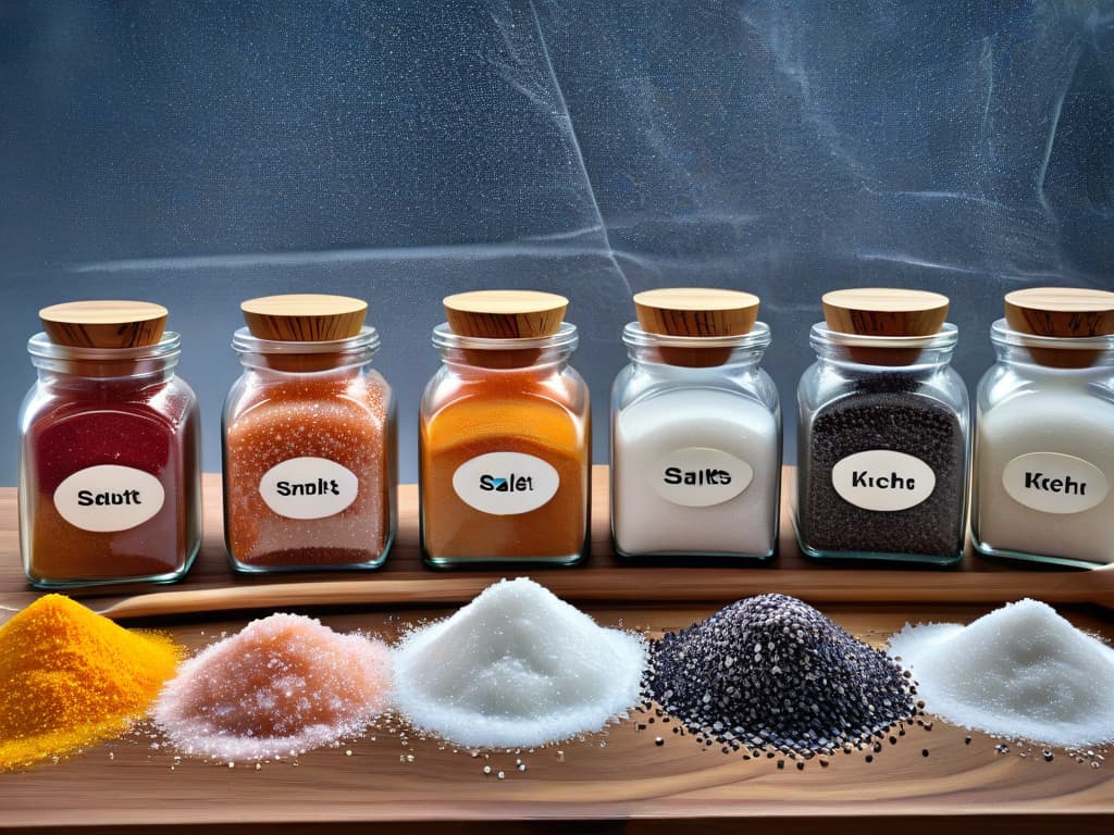  An ultradetailed image of a pristine white marble kitchen countertop adorned with an array of exotic salts in elegant glass jars. The salts, ranging from pink Himalayan salt to black lava salt from Hawaii, are beautifully arranged with tiny wooden spoons beside each jar. Soft natural light filters in, creating a warm, inviting atmosphere and casting gentle shadows that highlight the textures of the different salts. The intricate details of the grains and colors of each salt type are incredibly vivid, making the viewer almost able to distinguish their individual characteristics. hyperrealistic, full body, detailed clothing, highly detailed, cinematic lighting, stunningly beautiful, intricate, sharp focus, f/1. 8, 85mm, (centered image composition), (professionally color graded), ((bright soft diffused light)), volumetric fog, trending on instagram, trending on tumblr, HDR 4K, 8K