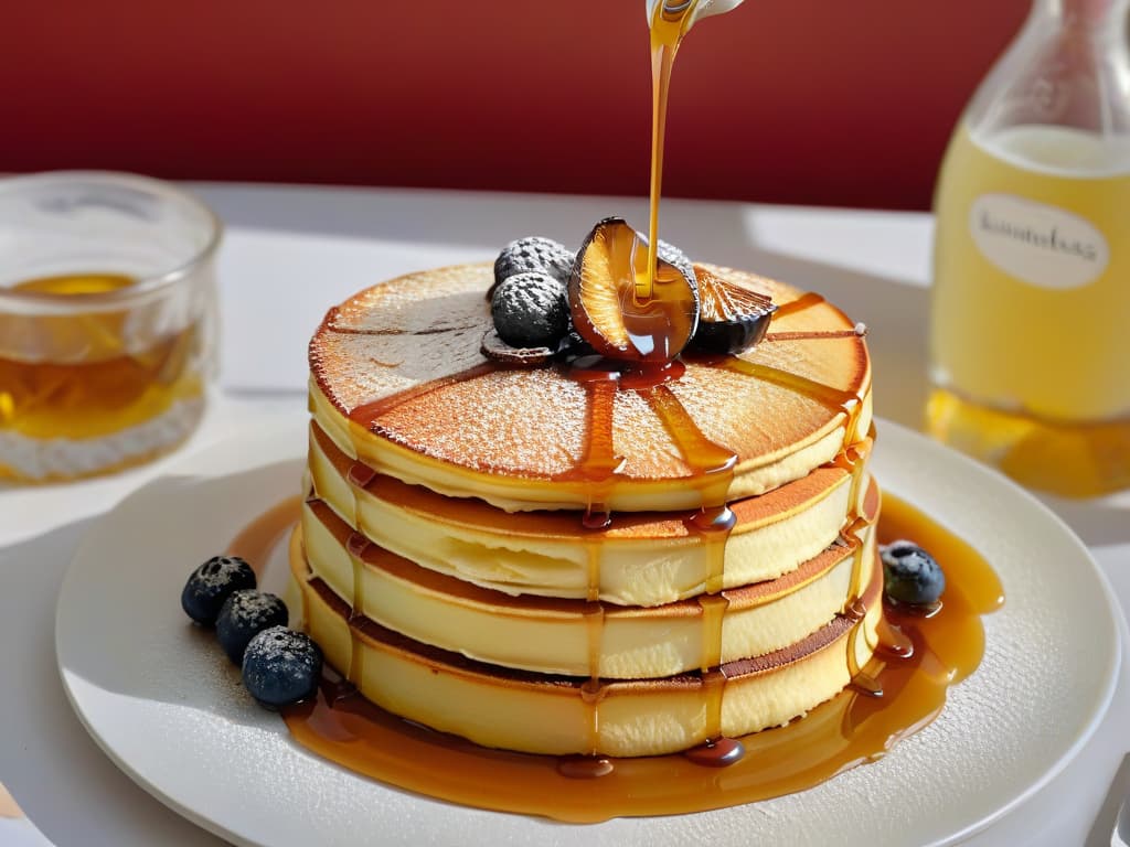  A closeup, ultradetailed image of golden, sticky sirope de dátil being drizzled elegantly over a stack of fluffy pancakes, with the viscous syrup cascading down the sides, each droplet capturing the light in exquisite detail. The pancakes are garnished with a sprinkle of chopped dates, and a subtle steam rises from their warm surface, creating a mouthwatering and visually captivating scene. hyperrealistic, full body, detailed clothing, highly detailed, cinematic lighting, stunningly beautiful, intricate, sharp focus, f/1. 8, 85mm, (centered image composition), (professionally color graded), ((bright soft diffused light)), volumetric fog, trending on instagram, trending on tumblr, HDR 4K, 8K