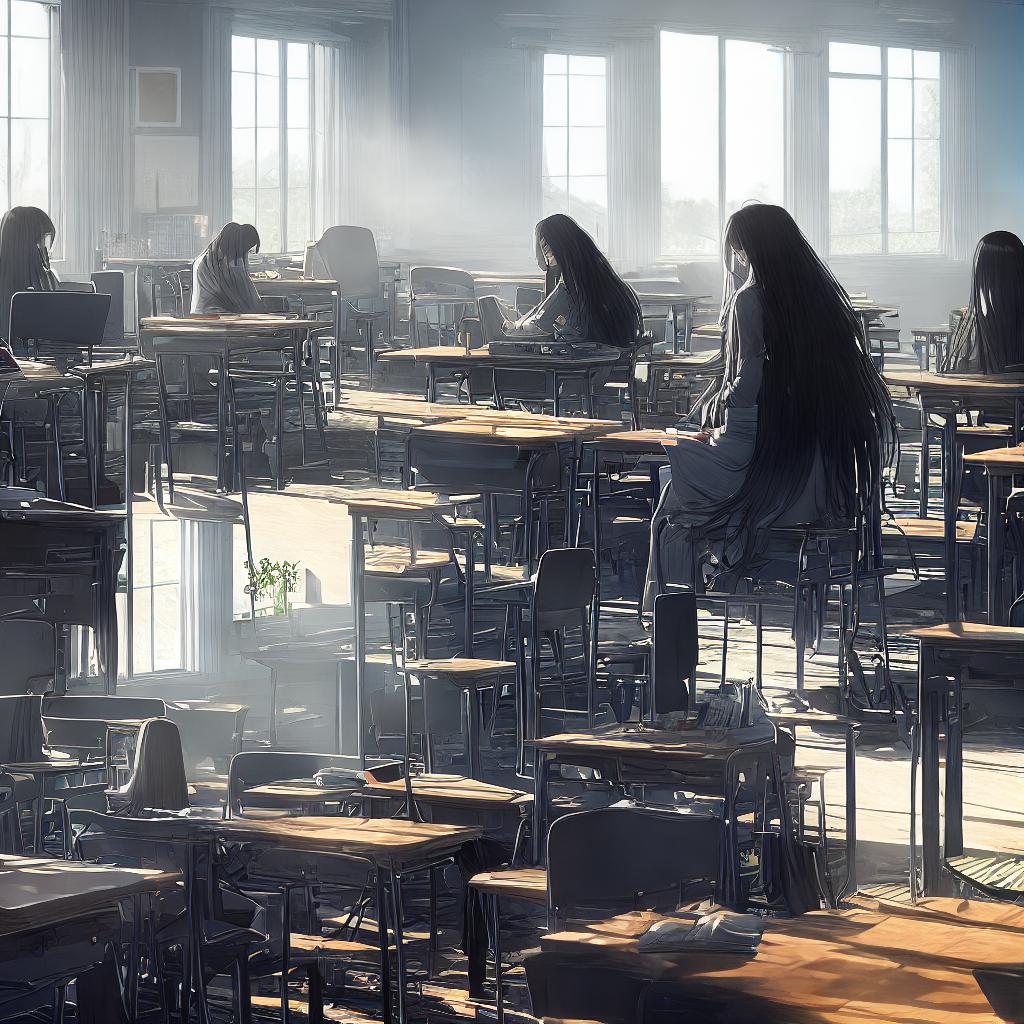  ((masterpiece)),(((best quality))), 8k, high detailed, ultra-detailed. A girl sitting in a classroom. A girl, ((elegant dress)), ((long flowing black hair)), ((studying)), books on the desk, ((sunlight streaming through the windows)) hyperrealistic, full body, detailed clothing, highly detailed, cinematic lighting, stunningly beautiful, intricate, sharp focus, f/1. 8, 85mm, (centered image composition), (professionally color graded), ((bright soft diffused light)), volumetric fog, trending on instagram, trending on tumblr, HDR 4K, 8K