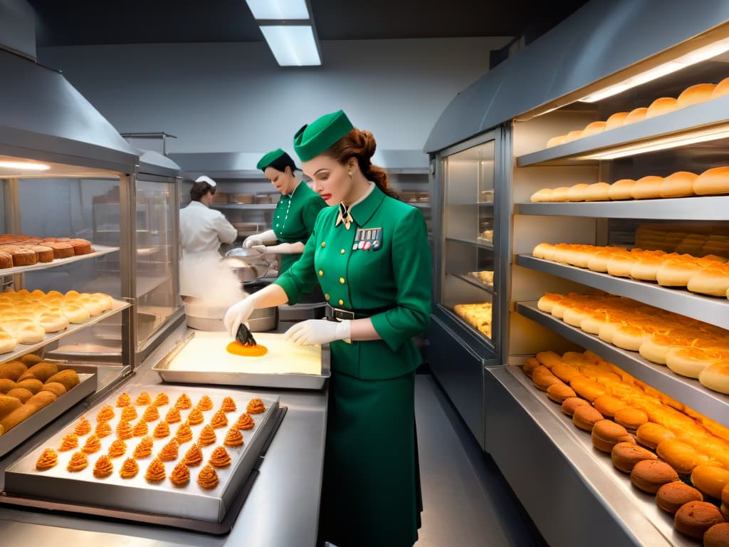  A photorealistic image of a bustling bakery during World War II, with bakers in traditional attire crafting innovative pastries using limited wartime ingredients like carrots, beets, and powdered milk. The scene captures the resilience and creativity of pastry chefs during the era, showcasing a display case filled with beautifully decorated cakes and pastries that reflect the transformation of baking techniques and flavors influenced by the constraints of war. hyperrealistic, full body, detailed clothing, highly detailed, cinematic lighting, stunningly beautiful, intricate, sharp focus, f/1. 8, 85mm, (centered image composition), (professionally color graded), ((bright soft diffused light)), volumetric fog, trending on instagram, trending on tumblr, HDR 4K, 8K