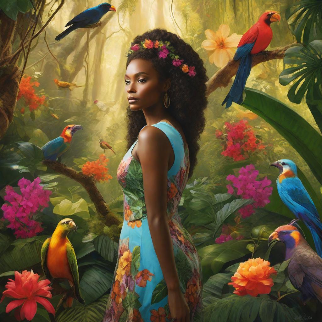  masterpiece, best quality, A beautiful African woman with glowing, ebony skin stands gracefully in a lush, vibrant jungle. Her long, flowing hair cascades down her back, adorned with colorful flowers that match the exotic foliage surrounding her. The atmosphere is alive with the sounds of birds chirping and leaves rustling in the gentle breeze. The style is a stunning, realistic photograph, capturing the woman's natural beauty and the richness of her surroundings. Soft, diffused lighting filters through the dense canopy, casting a warm, ethereal glow on her features. This prompt can be realized using a high-end DSLR camera with a wide aperture lens, carefully adjusting the exposure and composition to showcase the woman's radiant presence.