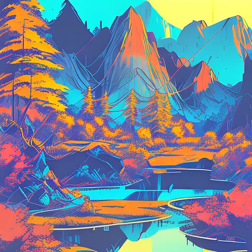 nvinkpunk Whimsical mountains with pond and trees in valley