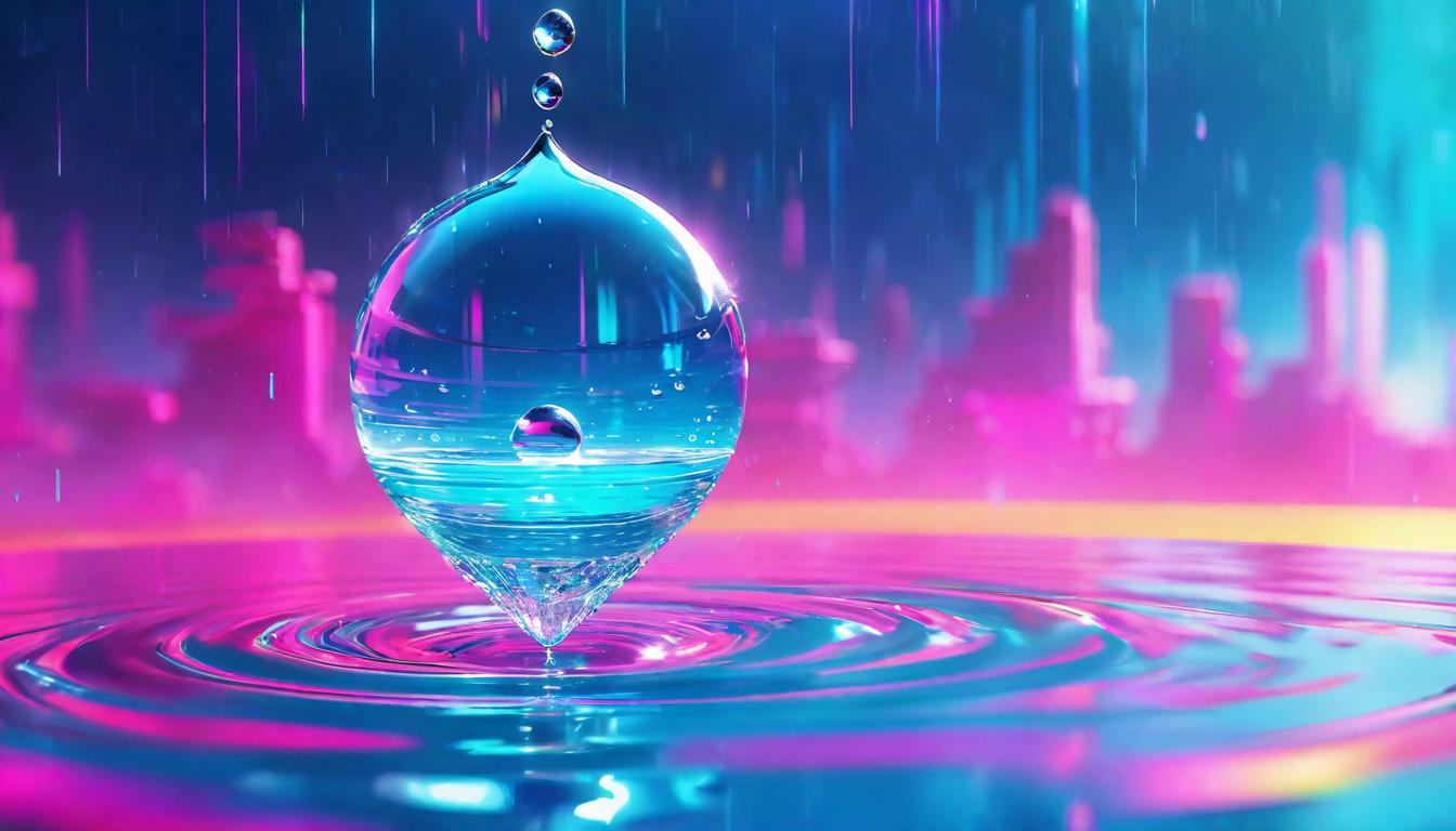  vaporwave,cyberpunk game style Close up of a single droplet impacting a serene water surface, ripple effect widening, the essence of stirring emotions, a moment of impact captured, tranquility meets turbulence, a captivating dance of water droplets, pristine clarity, the power of a single momenteon, dystopian, futuristic, digital, vibrant, detailed, high contrast, reminiscent of cyberpunk genre video games,retro aesthetic, cyberpunk, vibrant, neon colors, vintage 80s and 90s style, highly detailed