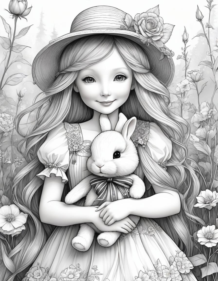  Sandra Silberzweig, Wendy Froud. coloring style, black and white illustration, line art. {a smiling doll in the TILDA style holds a soft toy Teddy bunny in her hands, short wavy hair, a straw hat decorated with large flowers and ribbons on her head, dressed in a light summer sundress with flounces and lace, rose flowers in the background}, good detailing, central location, zentangle. well drawn details. beautiful flowers, Wendy Froud hyperrealistic, full body, detailed clothing, highly detailed, cinematic lighting, stunningly beautiful, intricate, sharp focus, f/1. 8, 85mm, (centered image composition), (professionally color graded), ((bright soft diffused light)), volumetric fog, trending on instagram, trending on tumblr, HDR 4K, 8K