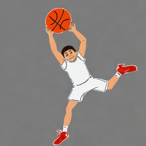  outline drawing of a cute jubilant youthful basketball athlete. Caucasian descent, is leaping towards a spherical basketball, all poised to earn a point. he make spirited efforts to reach the basketball backboard high off the ground. The drawing style is simple and minimalist without shading or background details. for kids coloring book