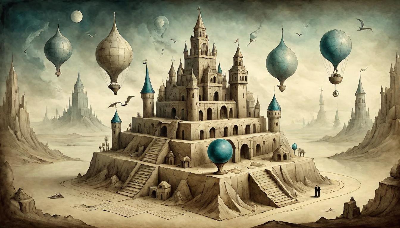  on parchment, surrealism+++, Achievements stacked like building blocks, strong foundation for future, growth(mysterious, provocative, symbolic,muted color)+++