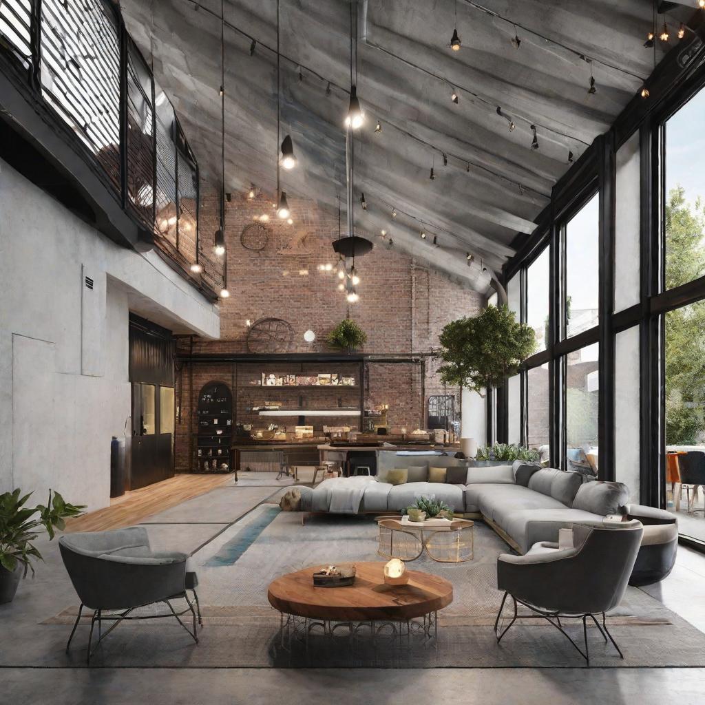   Picture a loft space featuring exposed brick walls, polished concrete floors, and metal framed furniture for an urban vibe. 8k, cinematic lighting, HDR