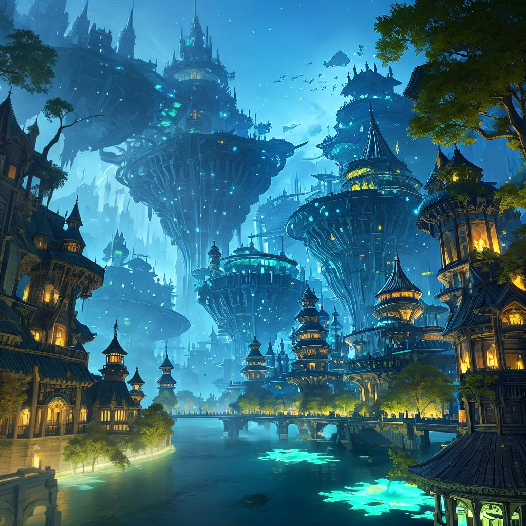  in a fantasy setting, A futuristic cityscape with floating, bioluminescent trees and flying cars