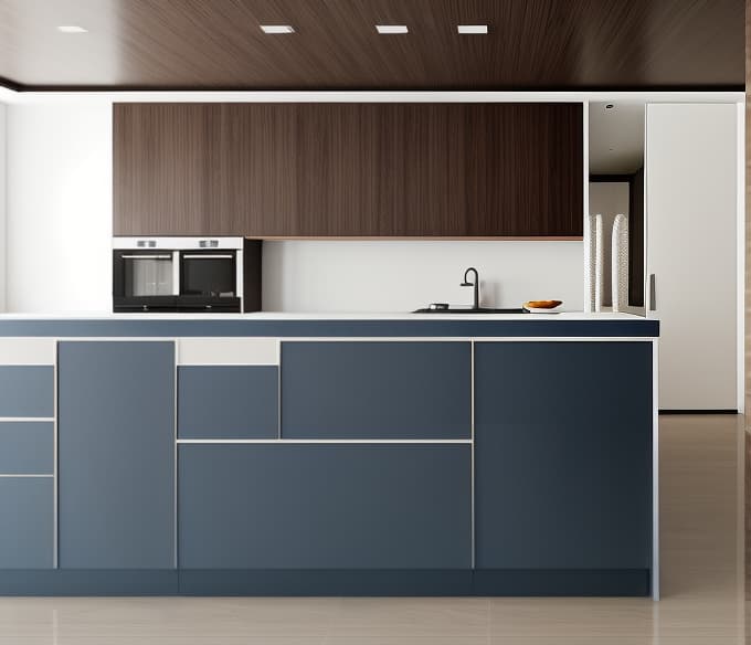  Luxurious modern kitchen with a color palette of blue brown white black