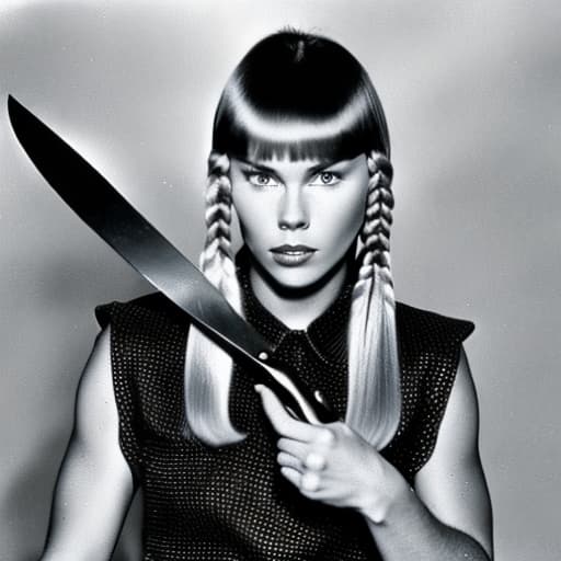 portrait+ style Patty mccormack hair in pigtails holding a knife covered in red paint bad seeds movie 1956, stable diffusion