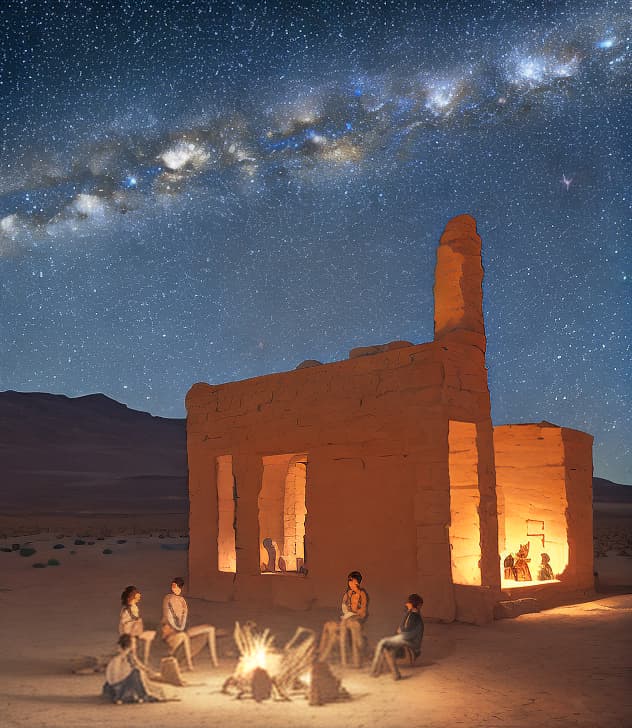  An ancient building in the starry night of the desert and people sitting around the fire