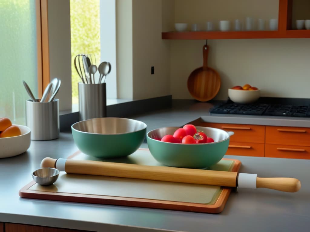  An intricately designed wooden rolling pin resting on a sleek, modern marble countertop, surrounded by a selection of ecofriendly baking tools such as bamboo measuring spoons, reusable silicone baking mats, and stainless steel mixing bowls. The natural lighting from a nearby window casts a soft, inviting glow on the scene, highlighting the sustainable elegance of the tools while emphasizing the importance of ecofriendly practices in the kitchen. hyperrealistic, full body, detailed clothing, highly detailed, cinematic lighting, stunningly beautiful, intricate, sharp focus, f/1. 8, 85mm, (centered image composition), (professionally color graded), ((bright soft diffused light)), volumetric fog, trending on instagram, trending on tumblr, HDR 4K, 8K