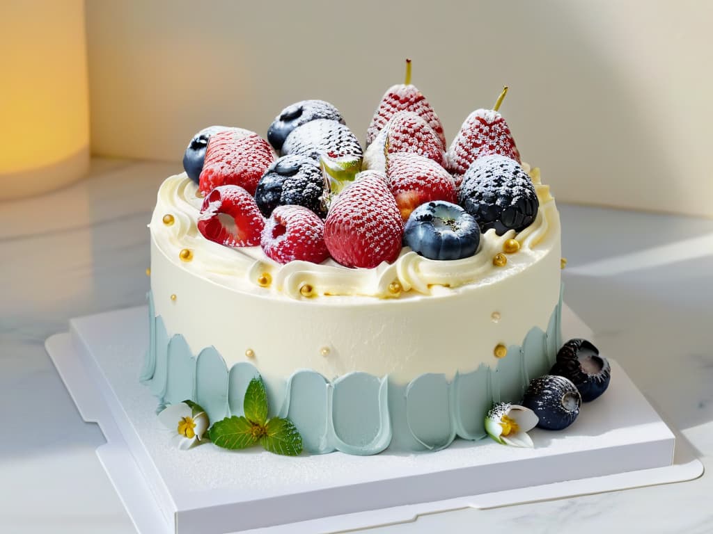  A beautifully decorated glutenfree cake placed on a marble countertop, topped with vibrant fresh berries and edible flowers. The cake is elegantly frosted with smooth white icing, showcasing intricate piped details and gold leaf accents. The background is softly blurred, emphasizing the cake as the focal point of the image. hyperrealistic, full body, detailed clothing, highly detailed, cinematic lighting, stunningly beautiful, intricate, sharp focus, f/1. 8, 85mm, (centered image composition), (professionally color graded), ((bright soft diffused light)), volumetric fog, trending on instagram, trending on tumblr, HDR 4K, 8K