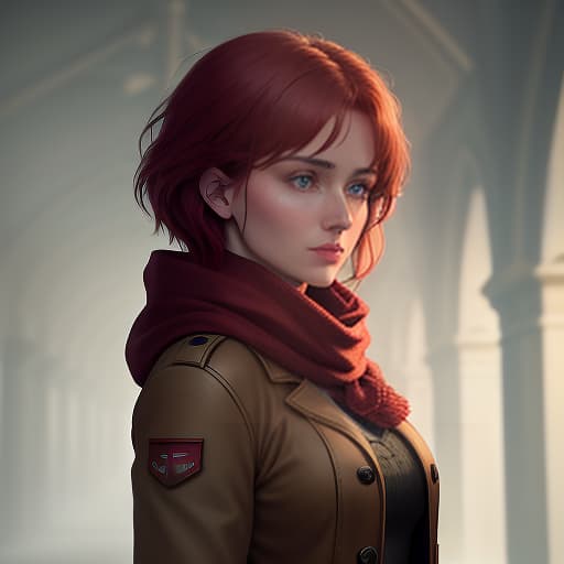  On the image, a girl is standing. She is in full height! She has short reddish hair. She has bright green eyes. In her hands she holds a red flag. She wears a red knitted scarf around her neck. She wears a brown jacket. She is looking away. She has a serious expression. hyperrealistic, full body, detailed clothing, highly detailed, cinematic lighting, stunningly beautiful, intricate, sharp focus, f/1. 8, 85mm, (centered image composition), (professionally color graded), ((bright soft diffused light)), volumetric fog, trending on instagram, trending on tumblr, HDR 4K, 8K