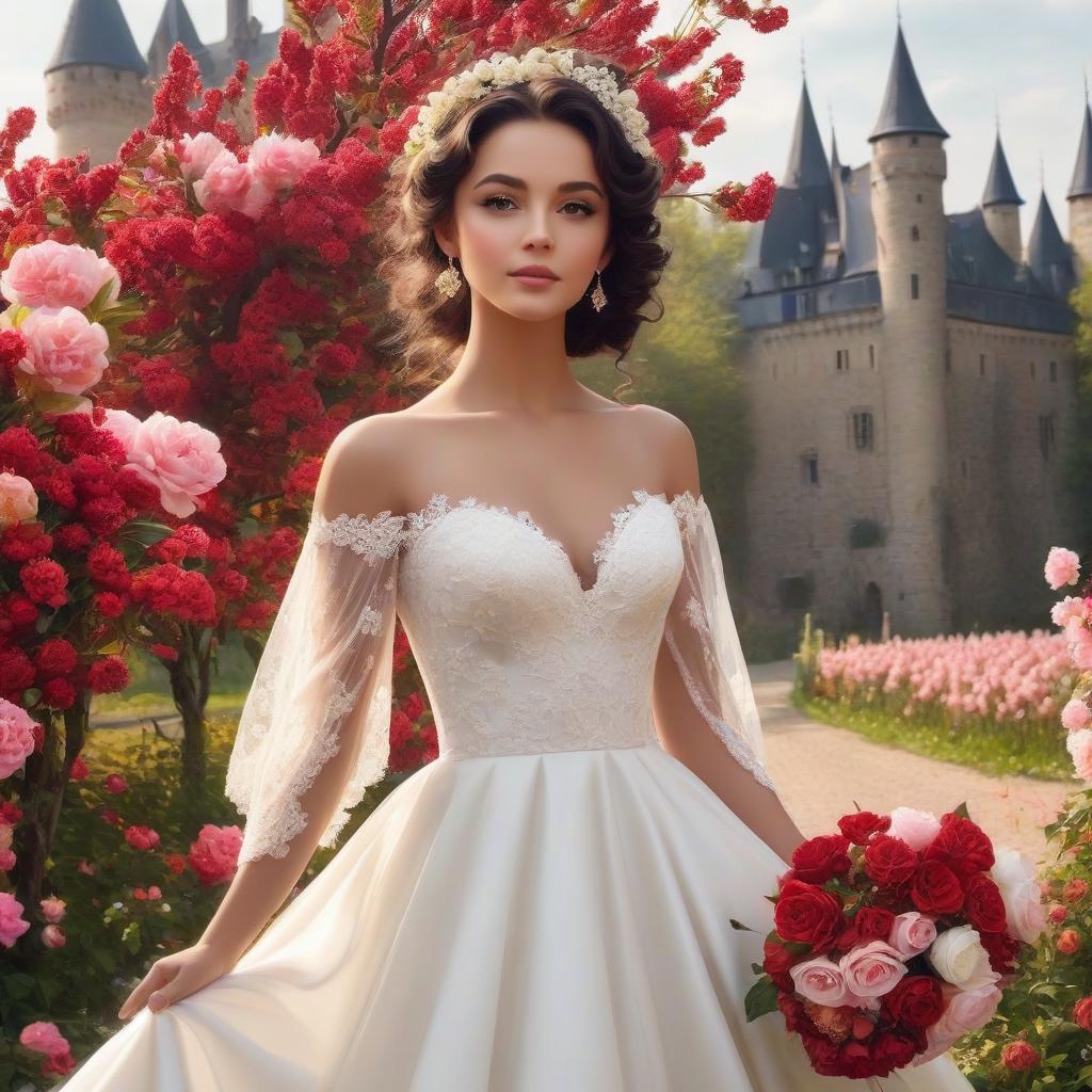  A masterpiece. Very beautiful girl with black curls gathered upwards. Beautiful hairstyle. White wedding fitted dress with lace. Elegance. Very beautiful dress. Brown eyes. Happy look. No pomp, just elegance. (Sparkling rim)): spring field, hyacinths, roses, rosehips, rose hips, peonies, cherry tree, yellow, red. Castle. Realism, rococo, surrealist abstraction. Alfonso Mucha, Honoré Fargonard. The Emerald Palace, the towers. Holobue sky. Golden spires, Gothic style. Fantasy, fairy tale. Poppy field in front of palace. Honoré Fargonard, Alfonso Mucha. Emerald stones, Green Alley. hyperrealistic, full body, detailed clothing, highly detailed, cinematic lighting, stunningly beautiful, intricate, sharp focus, f/1. 8, 85mm, (centered image composition), (professionally color graded), ((bright soft diffused light)), volumetric fog, trending on instagram, trending on tumblr, HDR 4K, 8K