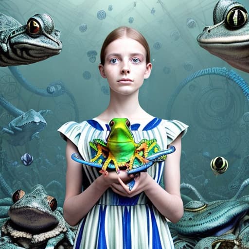  A young woman holding a coloured frog gecko in a sky blue and white striped 👗 surrounded by striped rusty metal robotic fishes from a dstopian labyrinth , stable diffusion, absolute reality v1.6, perfect symmetry, photo realistic raw, in the style of hr giger and arthur rackham victorian era, atmospheric and wabi sabi look