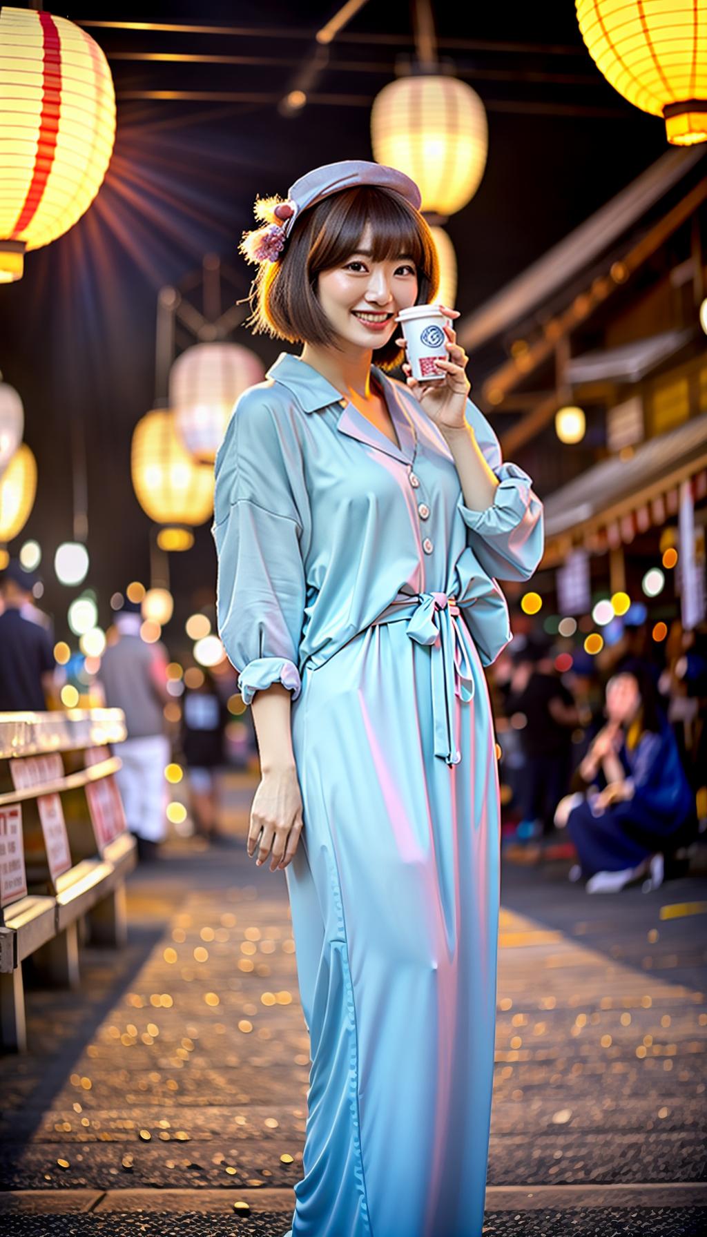  A realistic photo of a beautiful slim young Japanese woman, with medium length milk tea beige hair with bangs. She is smiling and making a peace sign in front of the lanterns at a summer festival, wearing a light blue yukata with a floral pattern. hyperrealistic, full body, detailed clothing, highly detailed, cinematic lighting, stunningly beautiful, intricate, sharp focus, f/1. 8, 85mm, (centered image composition), (professionally color graded), ((bright soft diffused light)), volumetric fog, trending on instagram, trending on tumblr, HDR 4K, 8K