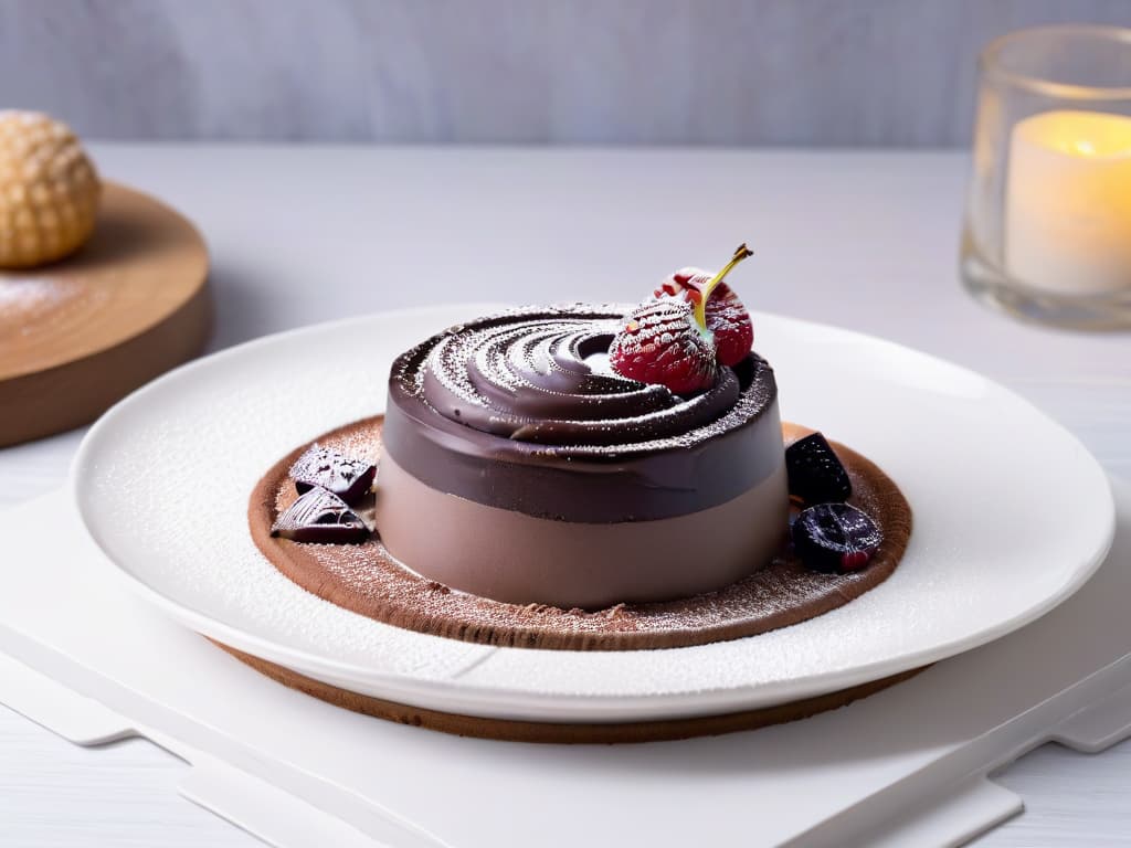  An 8k ultradetailed image of a minimalist elegant glass of velvety dark chocolate vegan mousse topped with a single fresh raspberry, placed on a sleek white plate with a subtle dusting of cocoa powder, set against a softfocus background of a modern, sophisticated dining table environment with ambient warm lighting. hyperrealistic, full body, detailed clothing, highly detailed, cinematic lighting, stunningly beautiful, intricate, sharp focus, f/1. 8, 85mm, (centered image composition), (professionally color graded), ((bright soft diffused light)), volumetric fog, trending on instagram, trending on tumblr, HDR 4K, 8K