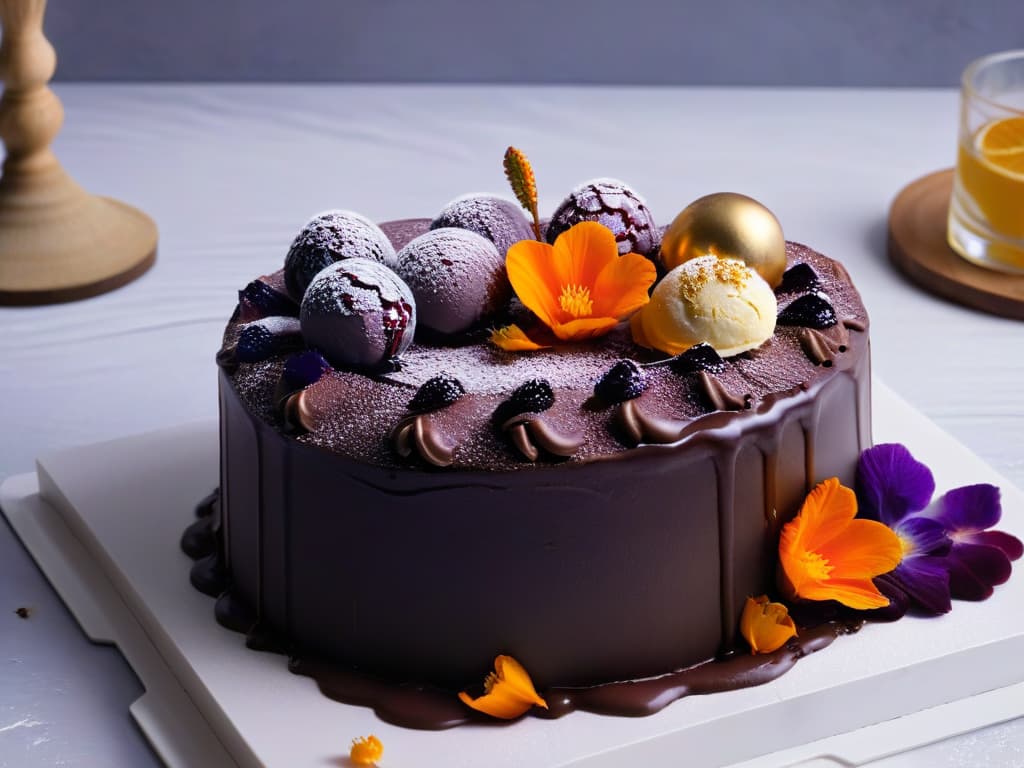  A photorealistic image of a decadent chocolate cake topped with edible gold leaf, fresh edible flowers, and a scoop of vibrant purple yam ice cream, presented on a sleek marble platter against a dark, moody background with soft, diffused lighting illuminating the dessert to highlight its intricate details and luxurious aesthetic. hyperrealistic, full body, detailed clothing, highly detailed, cinematic lighting, stunningly beautiful, intricate, sharp focus, f/1. 8, 85mm, (centered image composition), (professionally color graded), ((bright soft diffused light)), volumetric fog, trending on instagram, trending on tumblr, HDR 4K, 8K