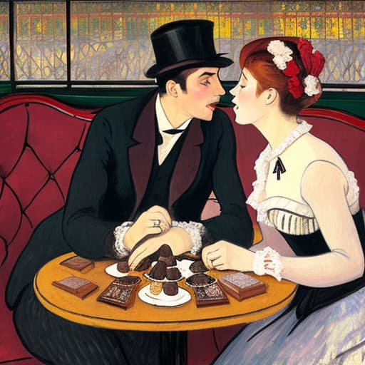  attractive young Parisian couple dressed in modern designer outfits who are romantically together in Paris. Foreground a small plate of fine dark chocolates on a small wooden table. Background dusk with a light of the inside the Moulin Rouge during a show. Painting style of Henri de Toulouse-Lautrec