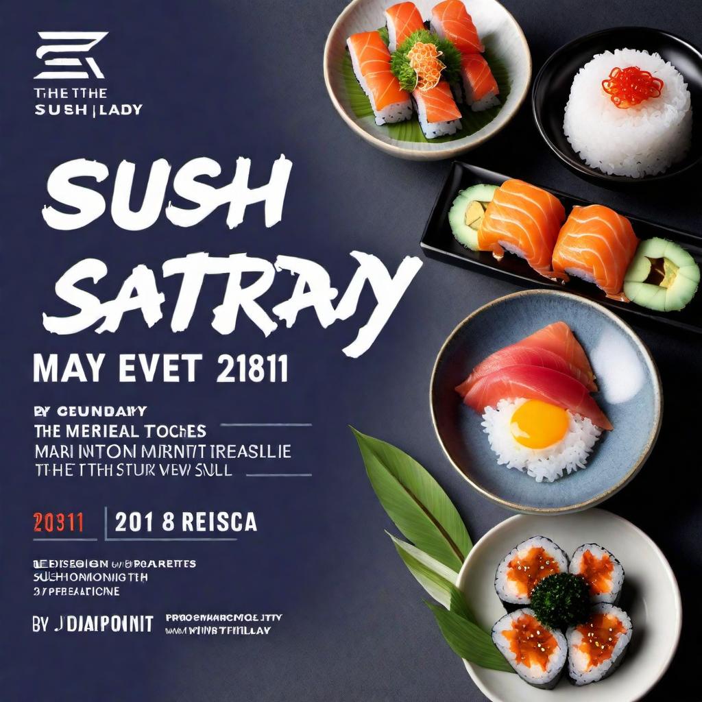  Redesign the provided image of the 'Sushi Saturday, May 18th' event promotional advertisement to look more professional. Use a clean and modern design aesthetic, ensure the text is easy to read, and that important information such as the event offers, music by DJ Jady and theonomividylan, and RSVP details are highlighted elegantly and effectively. hyperrealistic, full body, detailed clothing, highly detailed, cinematic lighting, stunningly beautiful, intricate, sharp focus, f/1. 8, 85mm, (centered image composition), (professionally color graded), ((bright soft diffused light)), volumetric fog, trending on instagram, trending on tumblr, HDR 4K, 8K