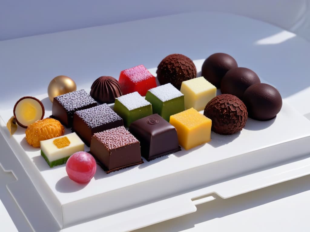  A highly detailed image of an assortment of gourmet chocolate bonbons with innovative fillings, elegantly displayed on a sleek, modern white platter. Each bonbon is intricately decorated, showcasing a variety of textures and colors that entice the viewer. The lighting is soft, emphasizing the glossy sheen of the chocolates and creating a sophisticated, luxurious atmosphere. hyperrealistic, full body, detailed clothing, highly detailed, cinematic lighting, stunningly beautiful, intricate, sharp focus, f/1. 8, 85mm, (centered image composition), (professionally color graded), ((bright soft diffused light)), volumetric fog, trending on instagram, trending on tumblr, HDR 4K, 8K