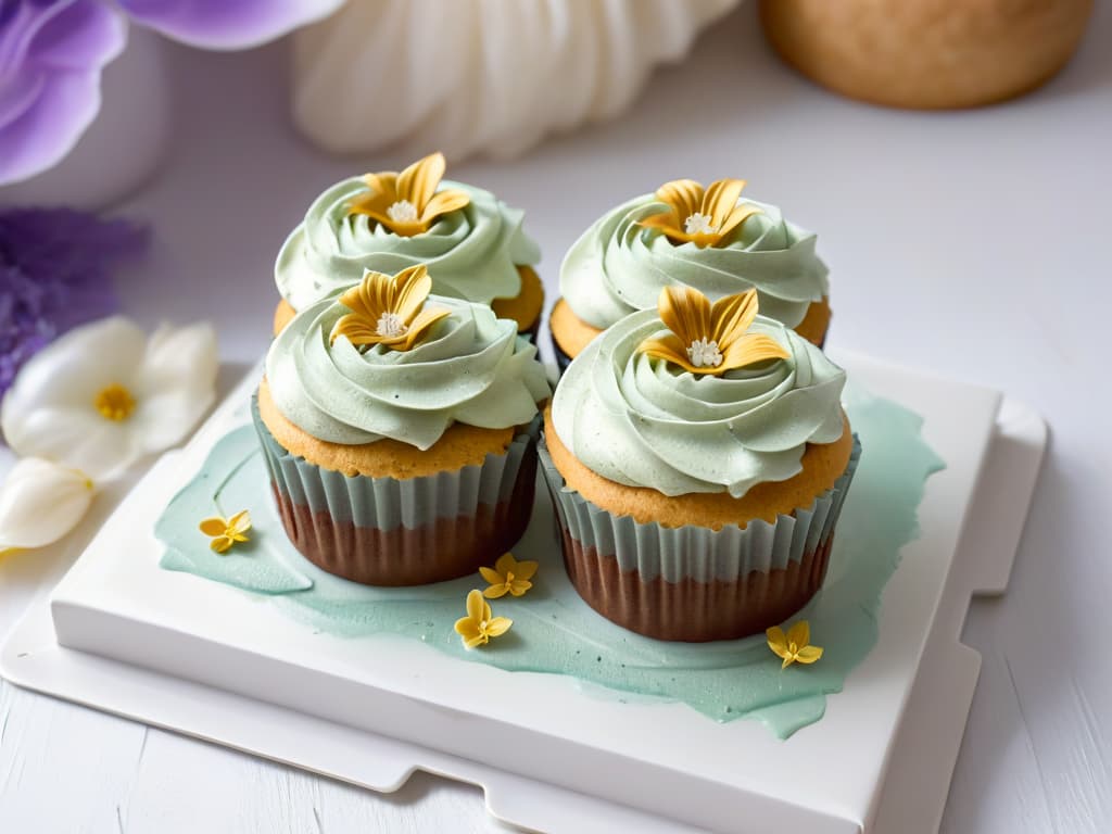  A closeup, ultradetailed image of a beautifully decorated vegan cupcake, showcasing intricate swirls of dairyfree frosting in pastel colors, topped with delicate edible flowers and shimmering gold flakes. The cupcake sits on a sleek, modern plate against a soft, blurred background, emphasizing the artistry and elegance of vegan baking. hyperrealistic, full body, detailed clothing, highly detailed, cinematic lighting, stunningly beautiful, intricate, sharp focus, f/1. 8, 85mm, (centered image composition), (professionally color graded), ((bright soft diffused light)), volumetric fog, trending on instagram, trending on tumblr, HDR 4K, 8K