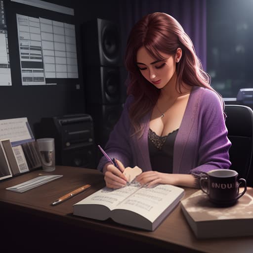  The cover of the series "Violetta". A girl writes her thoughts in her violet personal notebook, sitting next to the music studio "On Beat". The face of the girl is not visible. Signs of notes, music, love are around. Realistically. hyperrealistic, full body, detailed clothing, highly detailed, cinematic lighting, stunningly beautiful, intricate, sharp focus, f/1. 8, 85mm, (centered image composition), (professionally color graded), ((bright soft diffused light)), volumetric fog, trending on instagram, trending on tumblr, HDR 4K, 8K