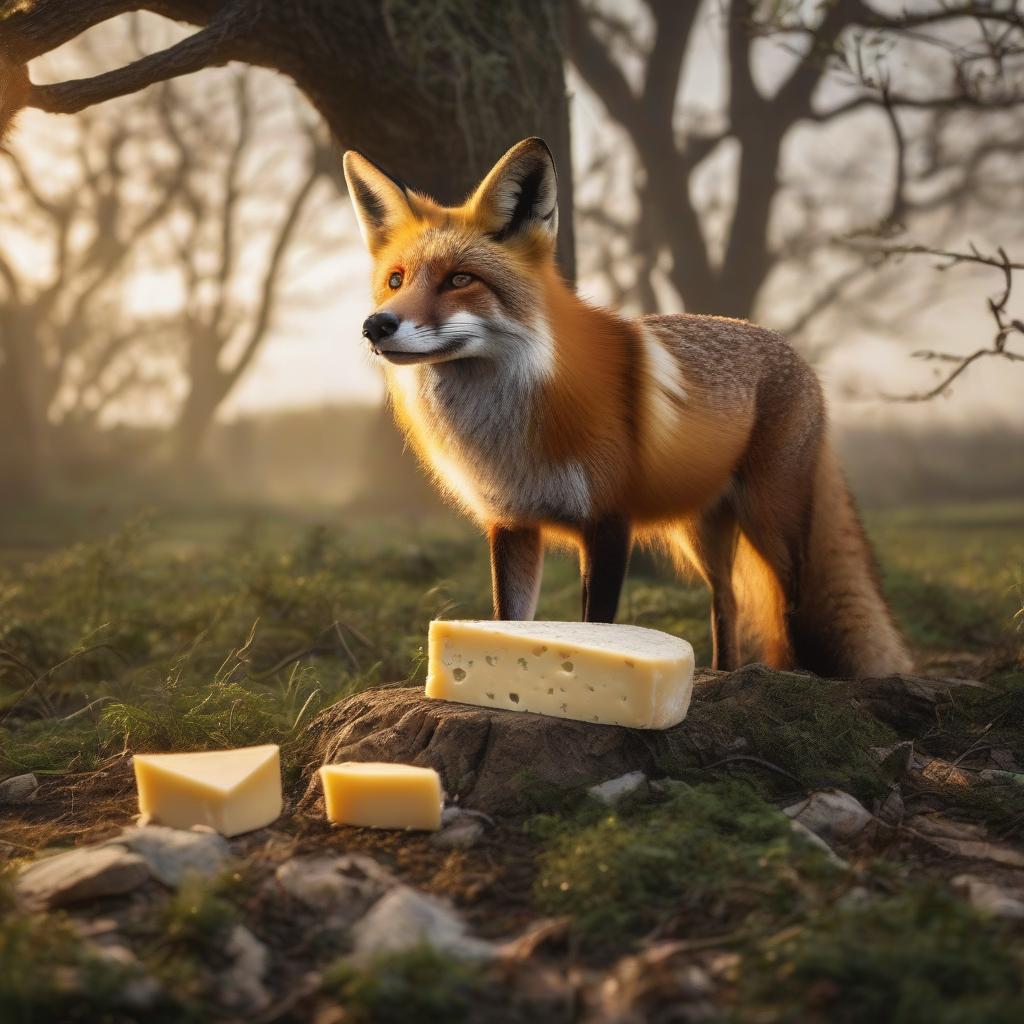  A photo of white crown is sitting on the green oak tree with a piece of cheese in it's mouth and a red fox is under the tree looking at cheese. Do it in realistic style. hyperrealistic, full body, detailed clothing, highly detailed, cinematic lighting, stunningly beautiful, intricate, sharp focus, f/1. 8, 85mm, (centered image composition), (professionally color graded), ((bright soft diffused light)), volumetric fog, trending on instagram, trending on tumblr, HDR 4K, 8K