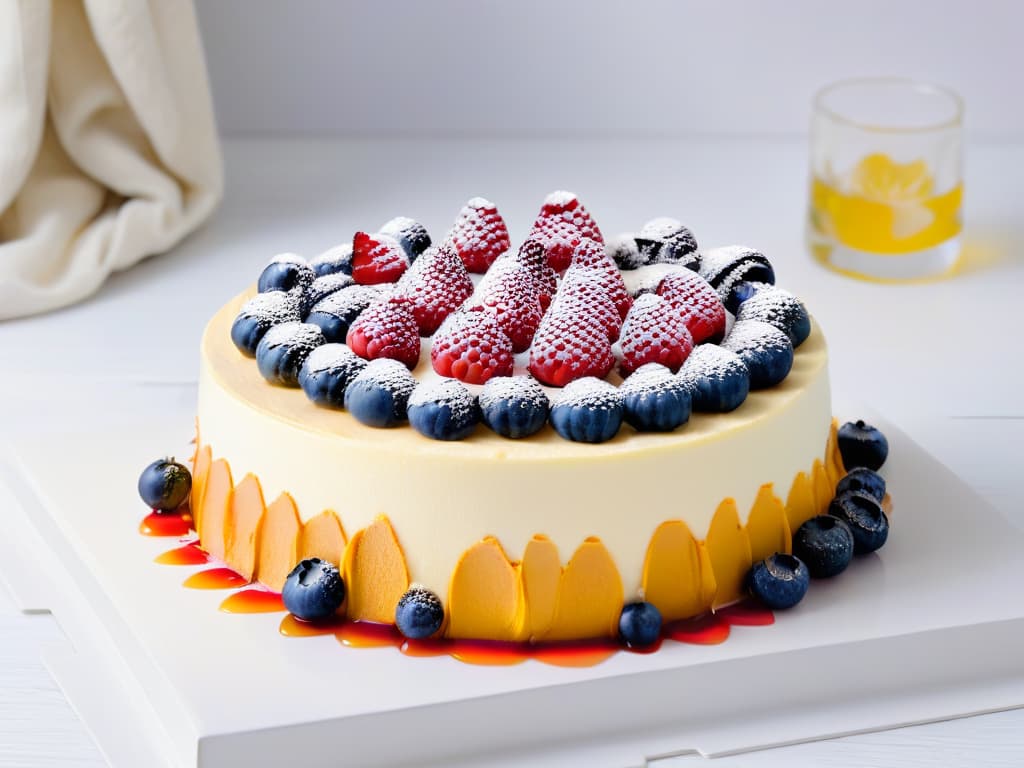  An 8k ultradetailed image of a decadent and beautifully garnished healthy cheesecake placed on a sleek, modern white serving platter. The cheesecake is adorned with vibrant fresh berries, delicate edible flowers, and a drizzle of honey, all set against a clean, minimalist backdrop that accentuates the elegance and sophistication of the dessert. hyperrealistic, full body, detailed clothing, highly detailed, cinematic lighting, stunningly beautiful, intricate, sharp focus, f/1. 8, 85mm, (centered image composition), (professionally color graded), ((bright soft diffused light)), volumetric fog, trending on instagram, trending on tumblr, HDR 4K, 8K